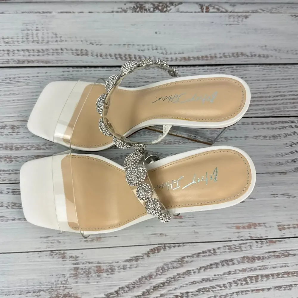 Betsey Johnson Troy Womens 8.5 Wedge Sandals Ivory Clear Rhinestone
